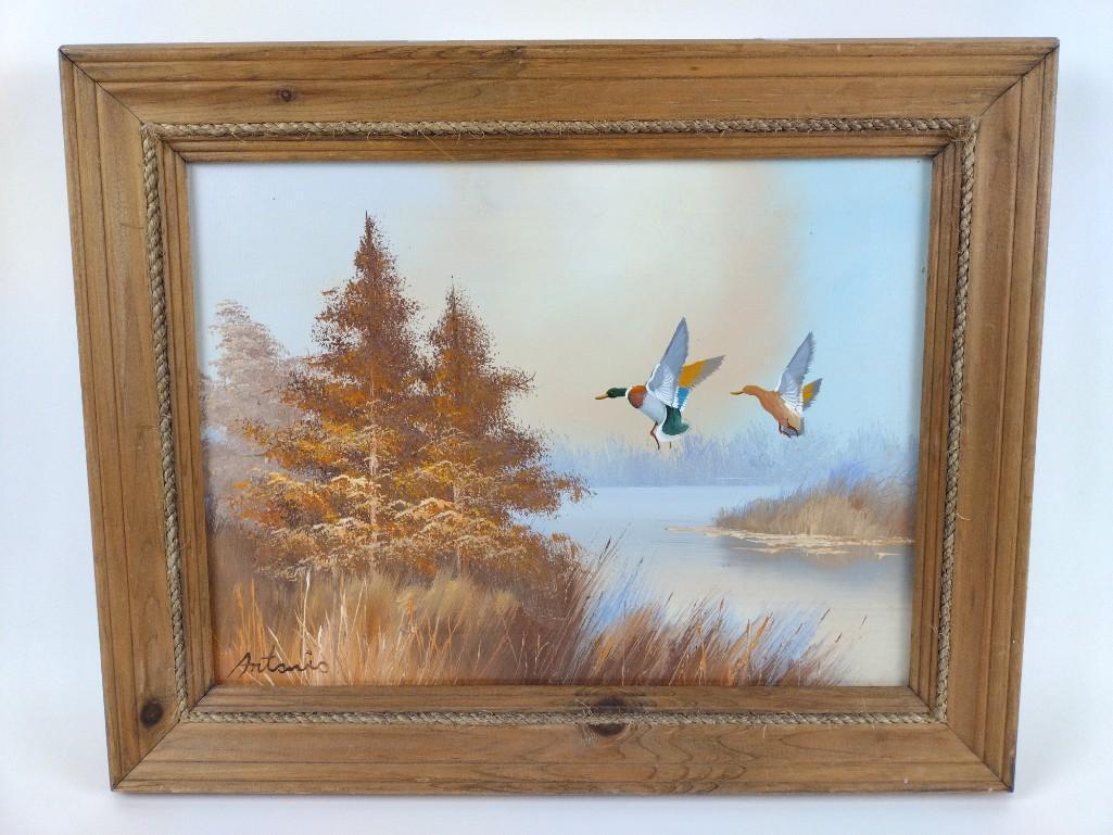 Antonio Birds at Lake Painting: Overall with frame 16" high X 20" wide. Some wear to frame. DM IMPORTANT: Before bidding, please read the terms and conditions. When you registered for the auction you agreed to these terms and will b
