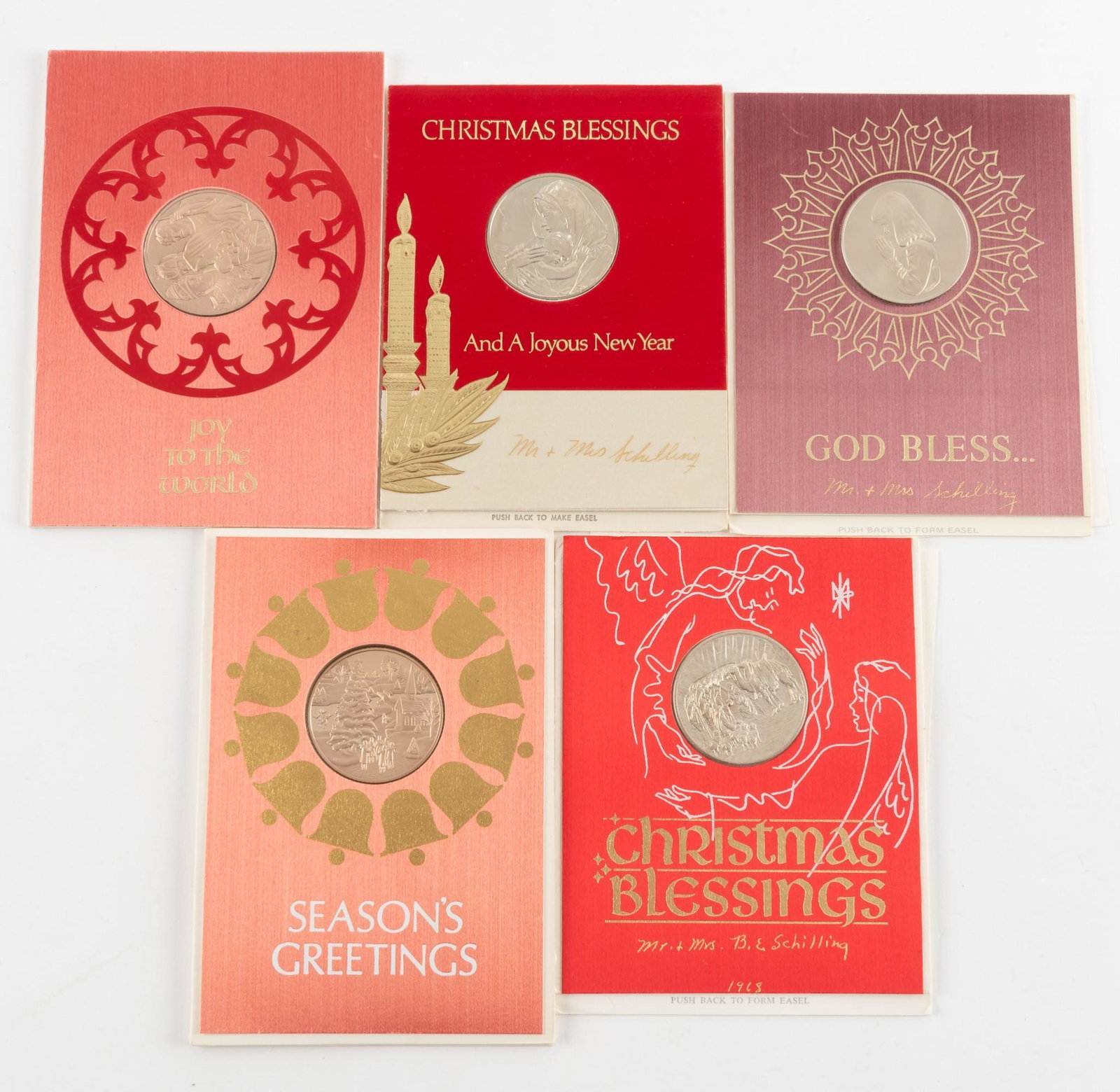 5 Franklin Mint .925 Christmas Coins: Includes 1967 Mother and Child, 1968 Manger Scene, 1969 Praying Child, 1971 Holiday Scene and 1972 Adoration of the Magi. In cards. Proof. RM IMPORTANT: Before bidding, please read the terms and condi