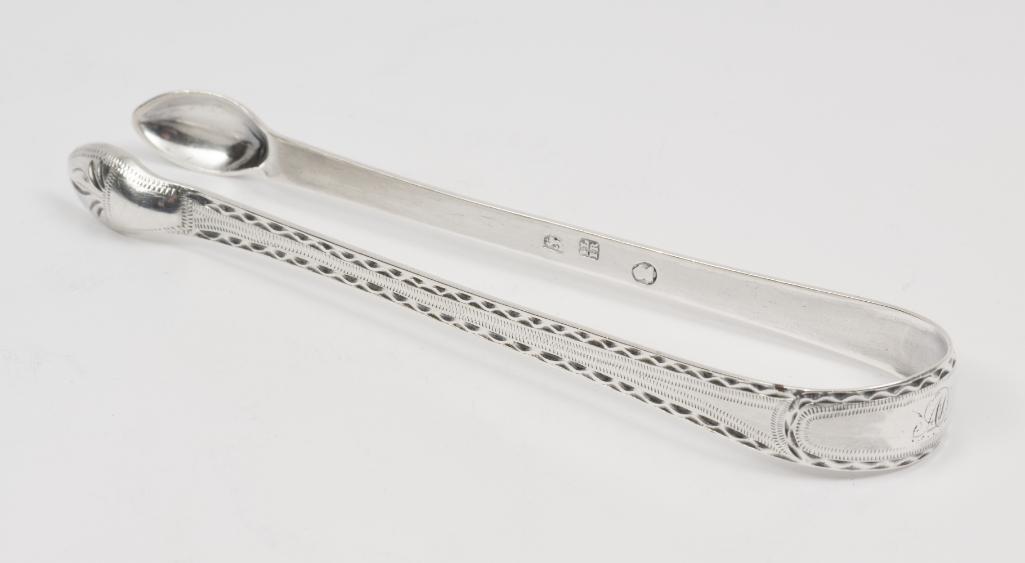 John Langlands I & John Robertson Sterling Sugar Tongs: Newcastle, England. 1778 - 1795. Monogrammed. Duty mark of King George III but no date stamp. 5-5/8" long. 1.0 troy ounces. DP/KE. IMPORTANT: Before bidding, please read the terms and conditions. When