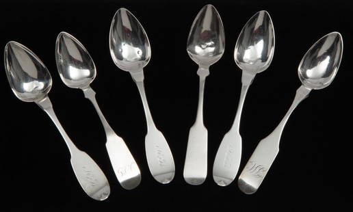 6 American Coin Silver Spoons: Includes spoon made by James Ward 1790-1830, Hartford, CT, 6" long; three spoons made by Julius Hollister 1746-1905, 5-7/8" long; one spoon marked for either Simon Chaudron or Stephen Castan & Co, 5-7