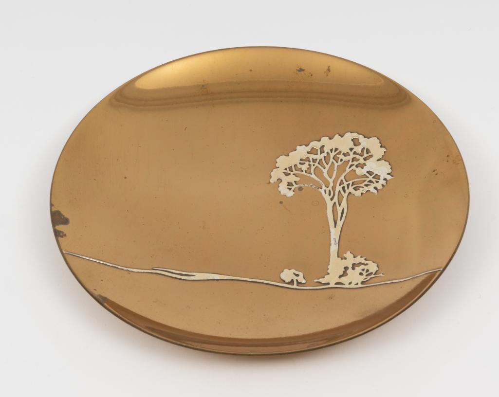 Heintz Arts & Crafts Sterling on Copper Dish: Marked to back "Sterling on Bronze Pat. Aug. 27, 12". 5-3/4" diameter. Some scratches and oxidation to surface. KE. IMPORTANT: Before bidding, please read the terms and conditions. When you registered