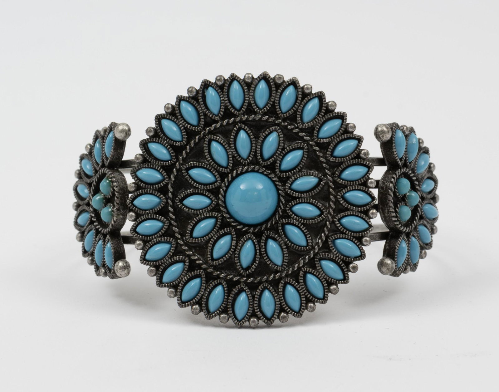 Vintage Faux Turquoise Cuff Bracelet: Marked MR to back. 2-1/2" interior diameter. 2" wide. MH. IMPORTANT: Before bidding, please read the terms and conditions. When you registered for the auction you agreed to these terms and will be req