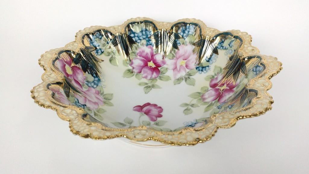Nippon Floral Painted Porcelain Bowl: 10-3/4" diameter X 2-3/4" high. DM IMPORTANT: Before bidding, please read the terms and conditions. When you registered for the auction you agreed to these terms and will be required to comply with th
