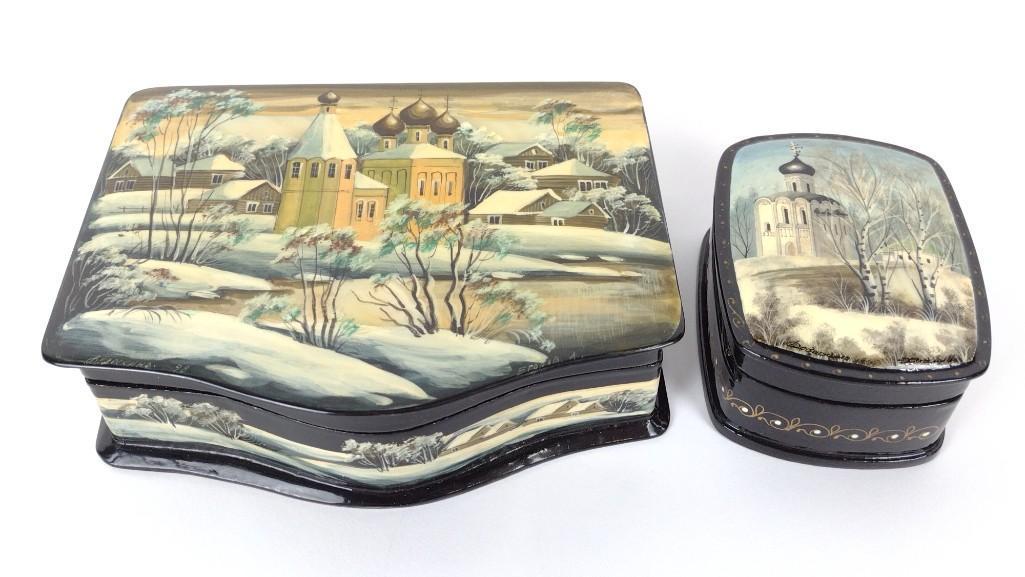 2 Artist Signed Hand Painted Russian Lacquer Boxes (1 of 6)