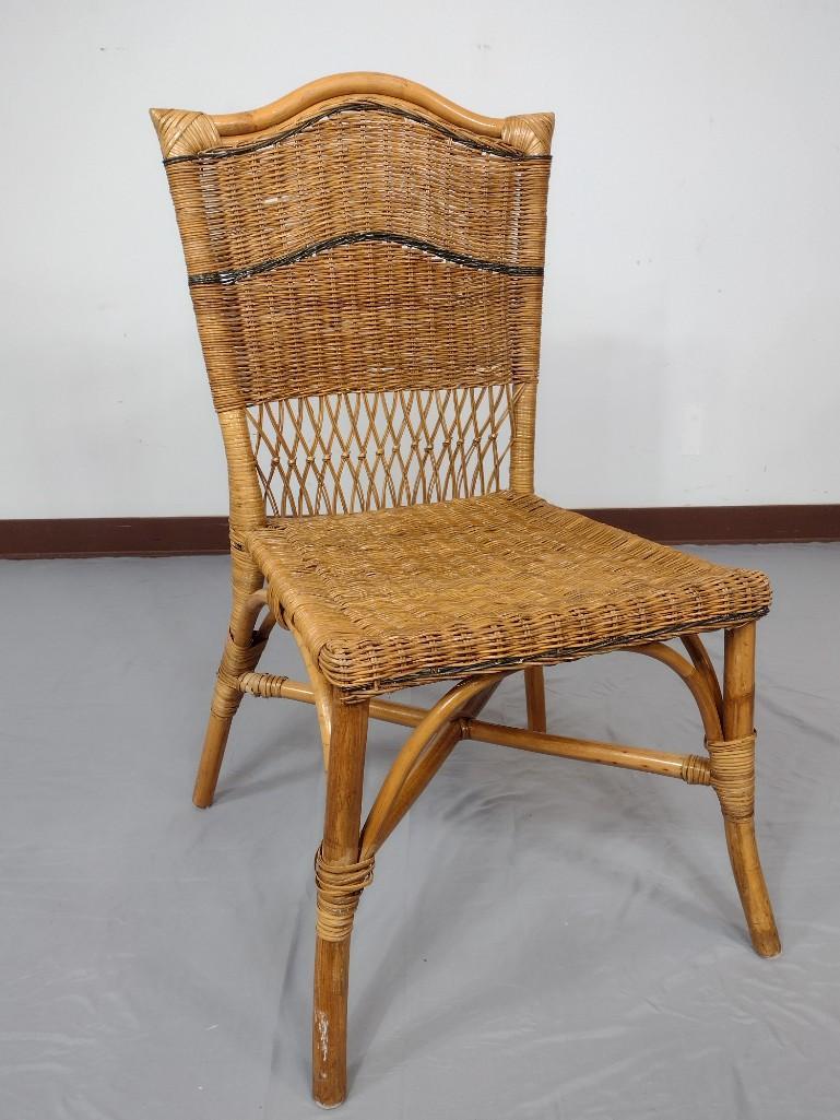Wicker Side Chair: 18" wide X 19" deep X 37" high. Has areas of missing binding. MG. IMPORTANT: Before bidding, please read the terms and conditions. When you registered for the auction you agreed to these terms and wil
