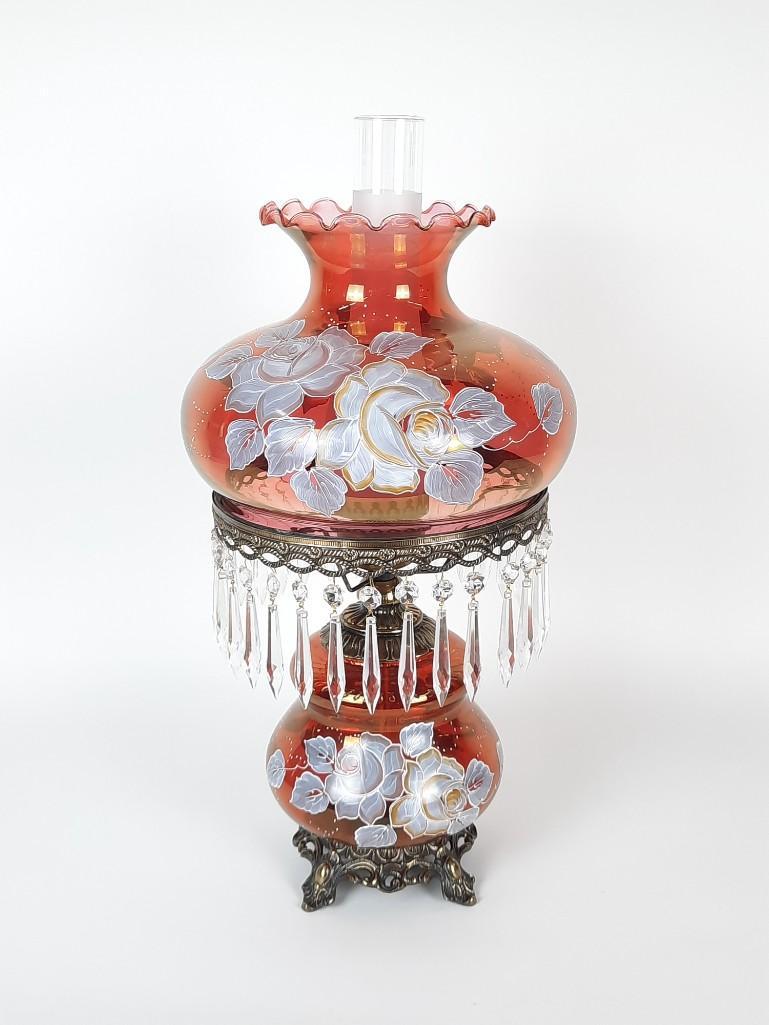 Kimble Scarlett Gone with the Wind Lamp: Signed M. Ferrise on shade. Working. Overall 12" diameter x 25" high. Shade opening 9-1/2" diameter. Chips around around shade base. LR IMPORTANT: Before bidding, please read the terms and conditions.