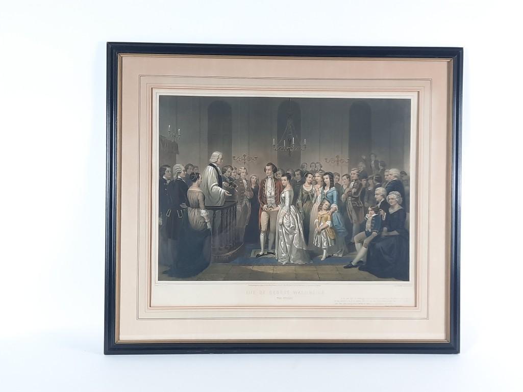 1854 Life of George Washington the Citizen Lithograph: Overall with frame 29" high x 33-1/2" wide. Printed by Regnier Lemercier Paris after Stearns. Published 1854. Conservation frame. LR IMPORTANT: Before bidding, please read the terms and conditions. Wh