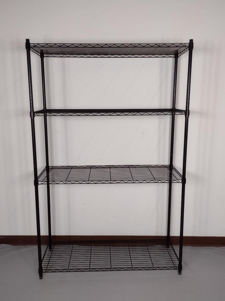 black NSF Metal Rack: 47 1/2" wide X 18" deep X 74 1/2" high. MG. IMPORTANT: Before bidding, please read the terms and conditions. When you registered for the auction you agreed to these terms and will be required to compl