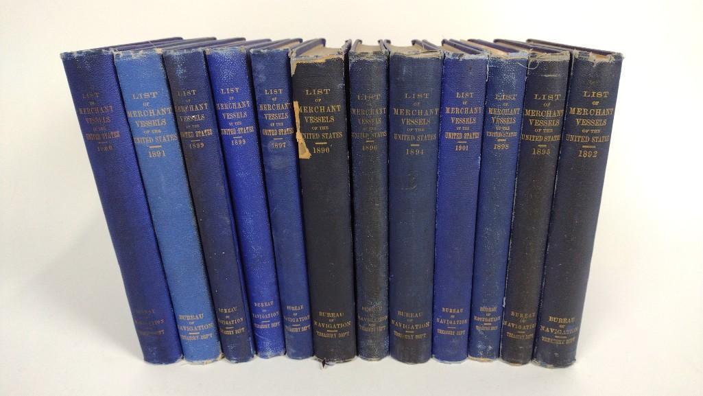 12 Vols. List of Merchant Vessels of the US: Dates range 1890-1901. Published 1890 to 1901 by the Government Printing Office. Some spine wear and binding losses. DM Articles in this lot have been deaccessed from the Independence Seaport Museum. 