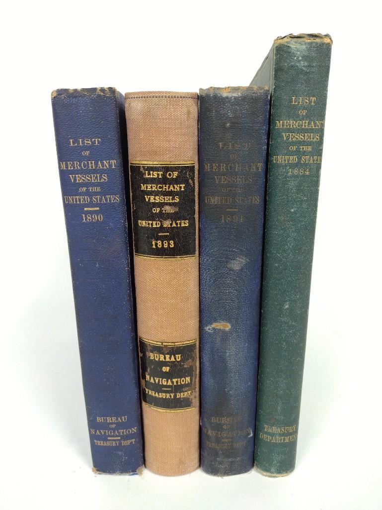 4 Vols. List of Merchant Vessels of the United States: Includes years 1883, 1890, 1893, and 1894. Published by the Government Printing Office, Washington DC. Some binding losses and loose pages. DM Articles in this lot have been deaccessed from the Indepe