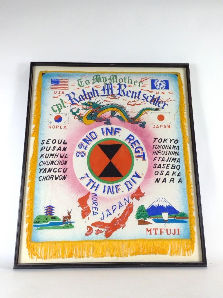 Ralph M Rentschler Mother's Pillowcase: Korean war. 32nd infantry regiment, 7th infantry division. Glitter glue embellishments. Overall with frame 39-1/2" high X 33" wide. LR IMPORTANT: Before bidding, please read the terms and conditions. 