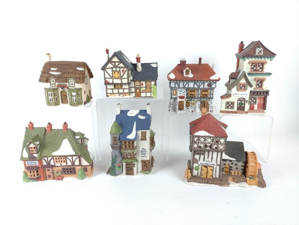 7 Dickens Village Houses incl The Post Office: Also includes The Wool Shop, Cottage, Nicholas Nickolby, Dickens Lane Cottage Toys, Village Mill, and Tuttle's Pub. 6" to 8-1/2" high. 6 with box. LR IMPORTANT: Before bidding, please read the terms a