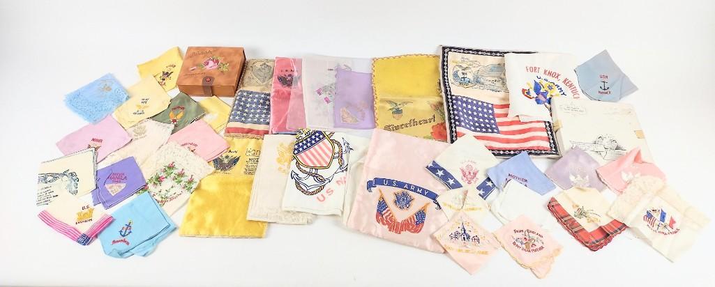 42 Sweetheart Handkerchiefs & Military Scarves: Various branches and sizes. JK IMPORTANT: Before bidding, please read the terms and conditions. When you registered for the auction you agreed to these terms and will be required to comply with them.