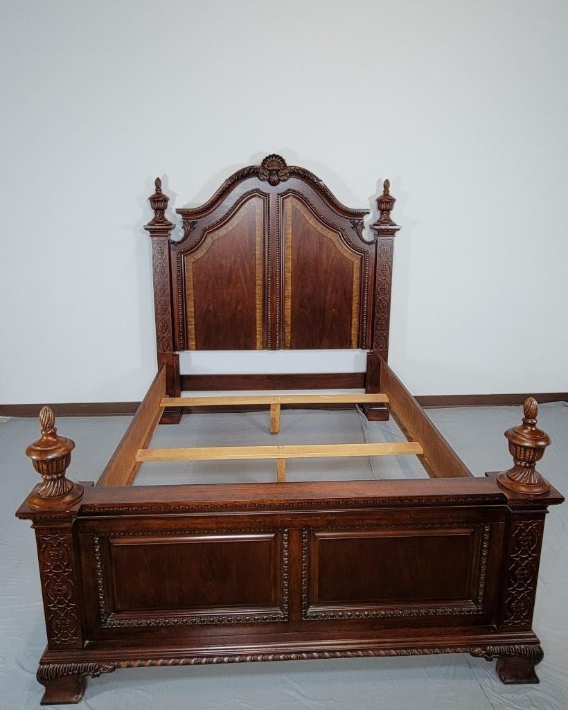 Universal Furniture Caved Inlaid Bed: Shell carving at top center of headboard. Ornate carving work to bed posts, head67 1/4" wide X 97" deep X 63" high. Small Area of finish loss on headboard post. MG. IMPORTANT: Before bidding, please r