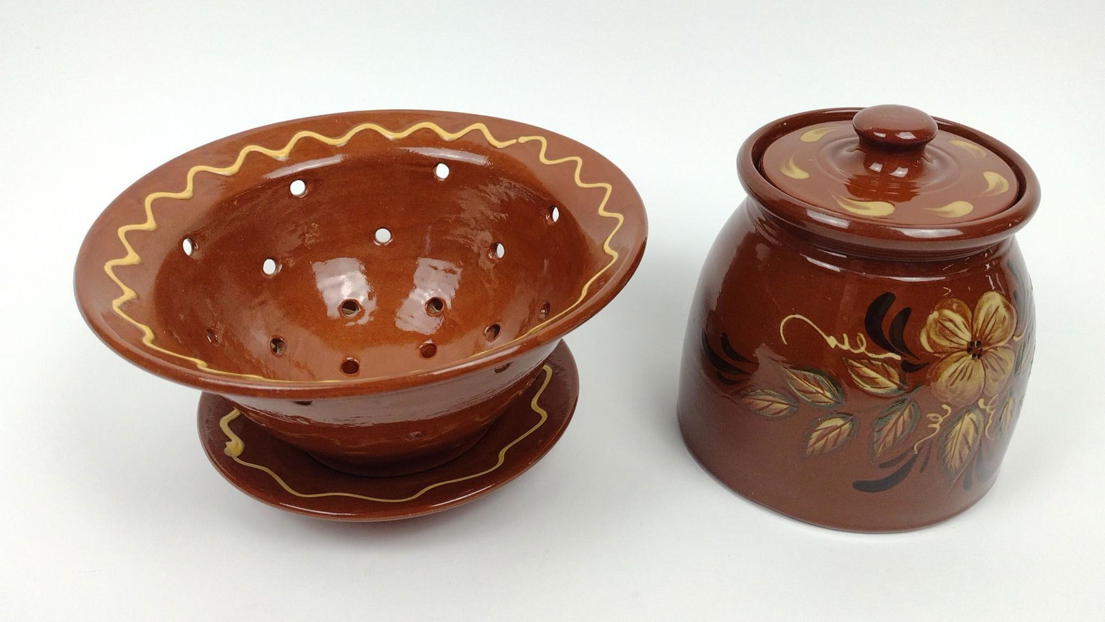 Redware Jar and Colander with Underplate (1 of 4)