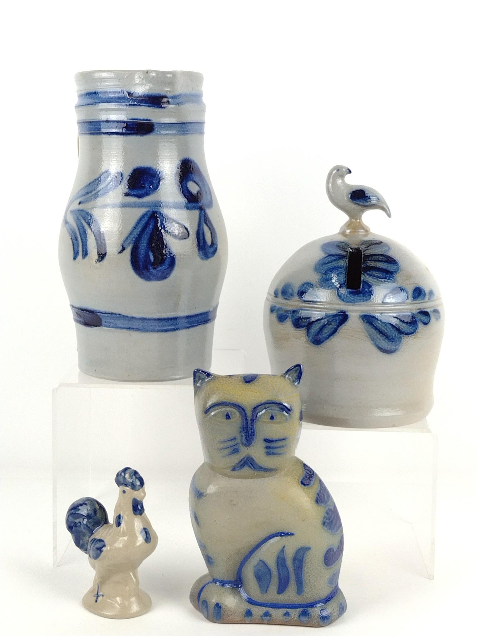 4 Pcs Cobalt Decorated Stoneware Incl Bank (1 of 9)