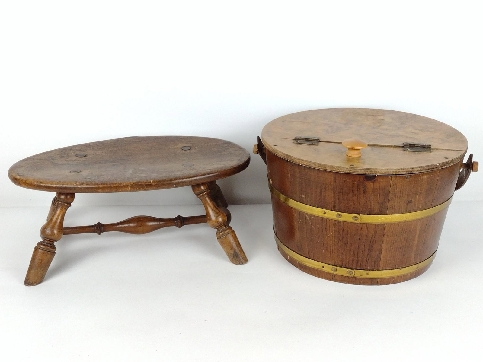 Wooden Stool & Sewing Basket: Stool 6" high x 16" wide. Basket 9" high x 14-1/2" wide. DP. IMPORTANT: Before bidding, please read the terms and conditions. When you registered for the auction you agreed to these terms and will be 