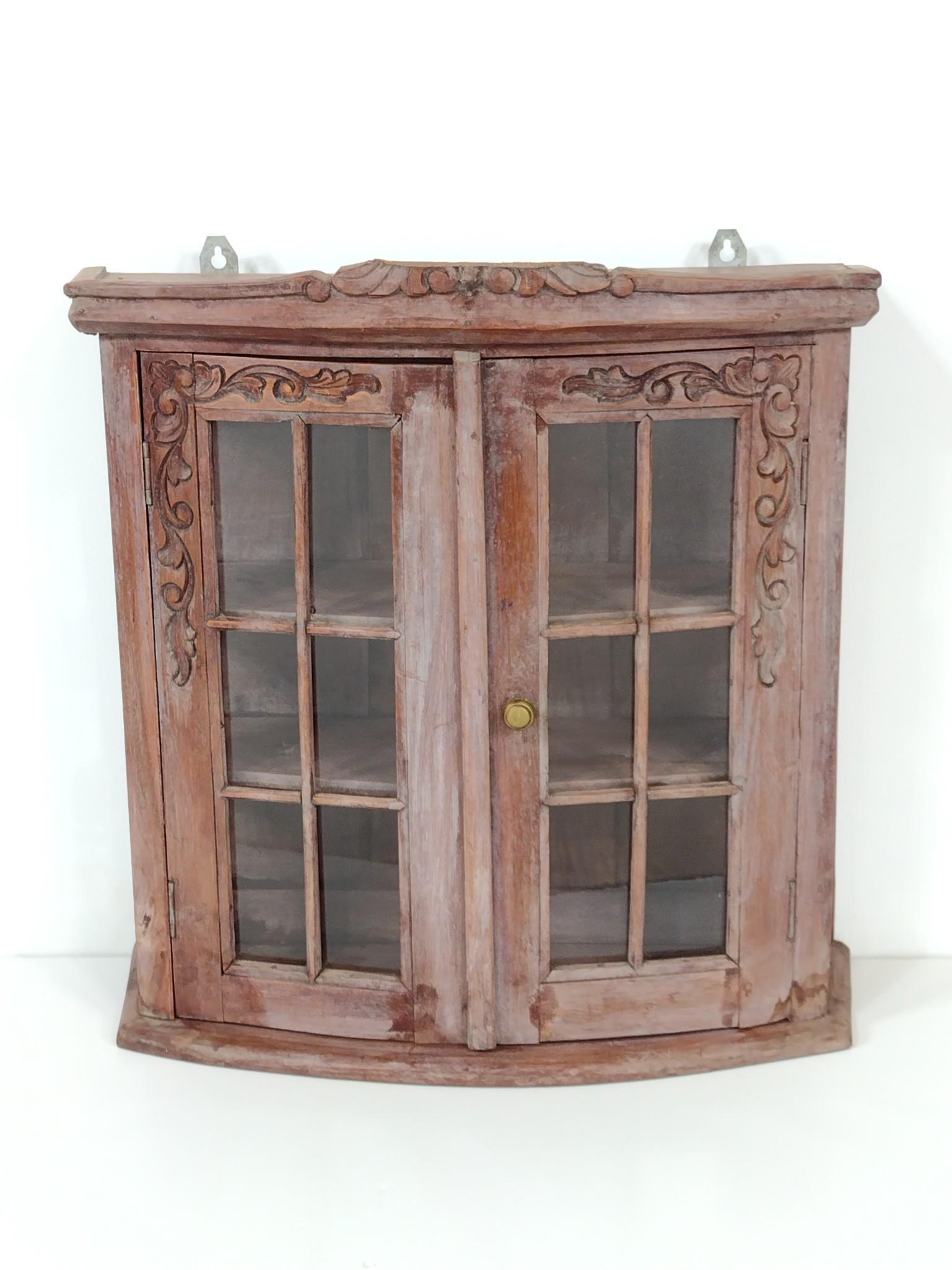 Wall Cabinet: 20-1/2" wide X 8" deep X 20-1/4" high. Missing part of crown. Has some discoloring and finish loss. MG IMPORTANT: Before bidding, please read the terms and conditions. When you registered for the auct