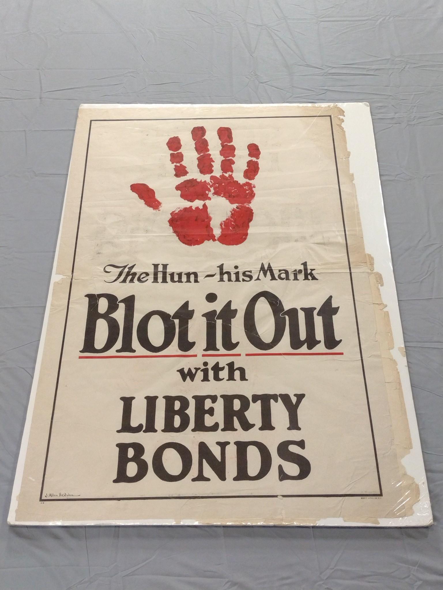 Blot it Out with Liberty Bonds Poster: Illustration by J. Allen St. John. Brett Litho Co NY. Poster only: 42" high x 29-1/4" wide. Overall with board: 43" high x 30-1/2" wide. Some tears, losses and creases throughout. Shrink wrapped on bo
