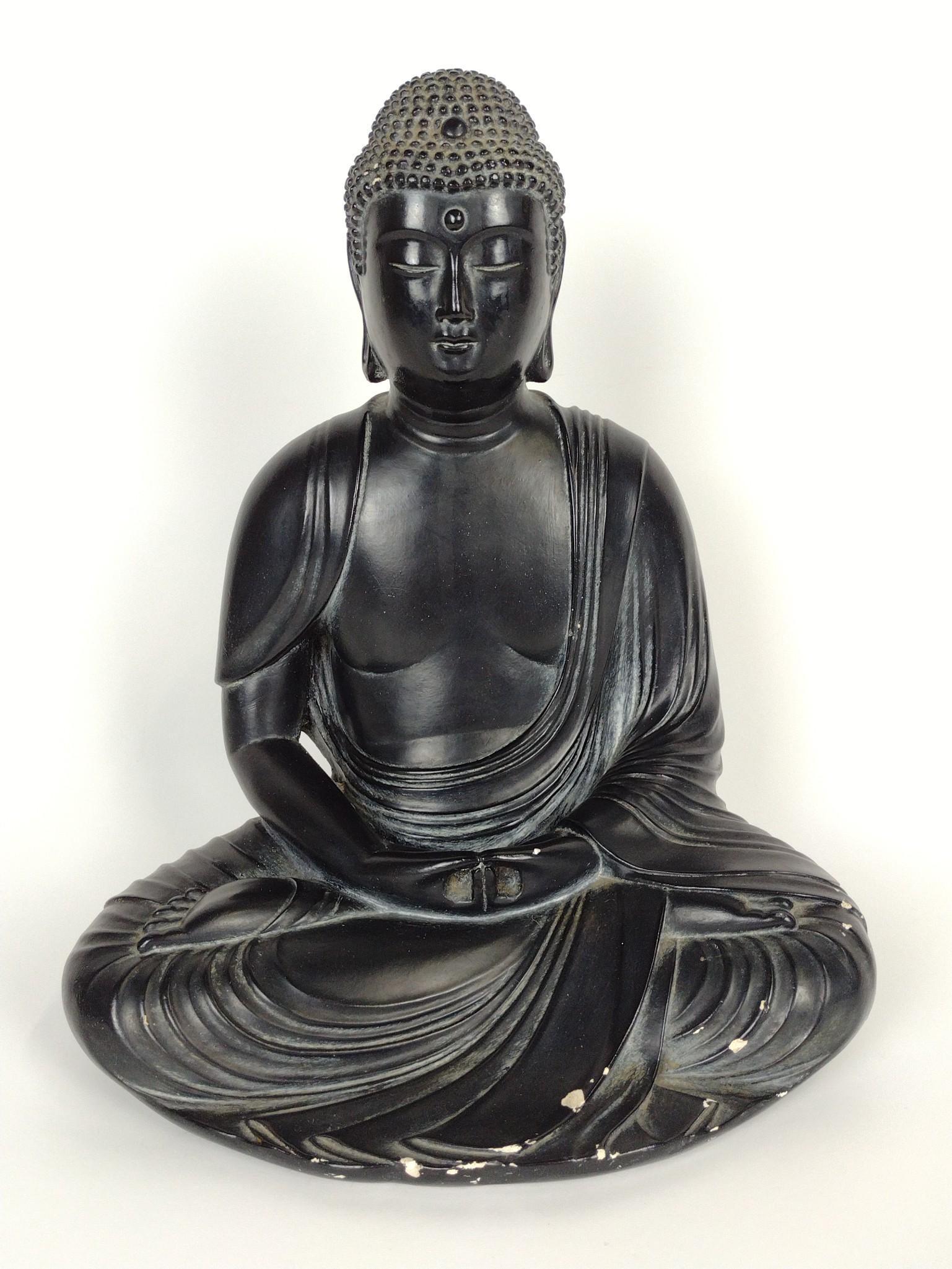 Seated Buddha Sculpture: Ceramic. 10-1/2" wide X 12-1/2" high. Some losses. DM IMPORTANT: Before bidding, please read the terms and conditions. When you registered for the auction you agreed to these terms and will be require
