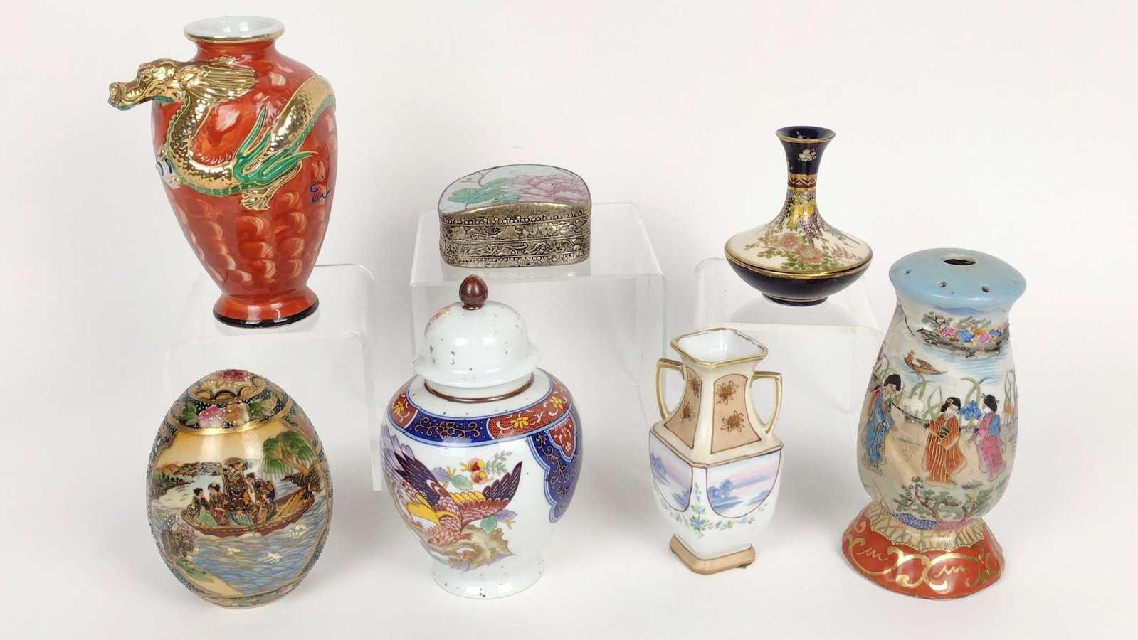 7 Asian Ceramics incl Imari and Hat Pin Holder: 2-3/4" to 4-1/4" wide X 1-1/2" to 6-1/2" high. DM IMPORTANT: Before bidding, please read the terms and conditions. When you registered for the auction you agreed to these terms and will be required to