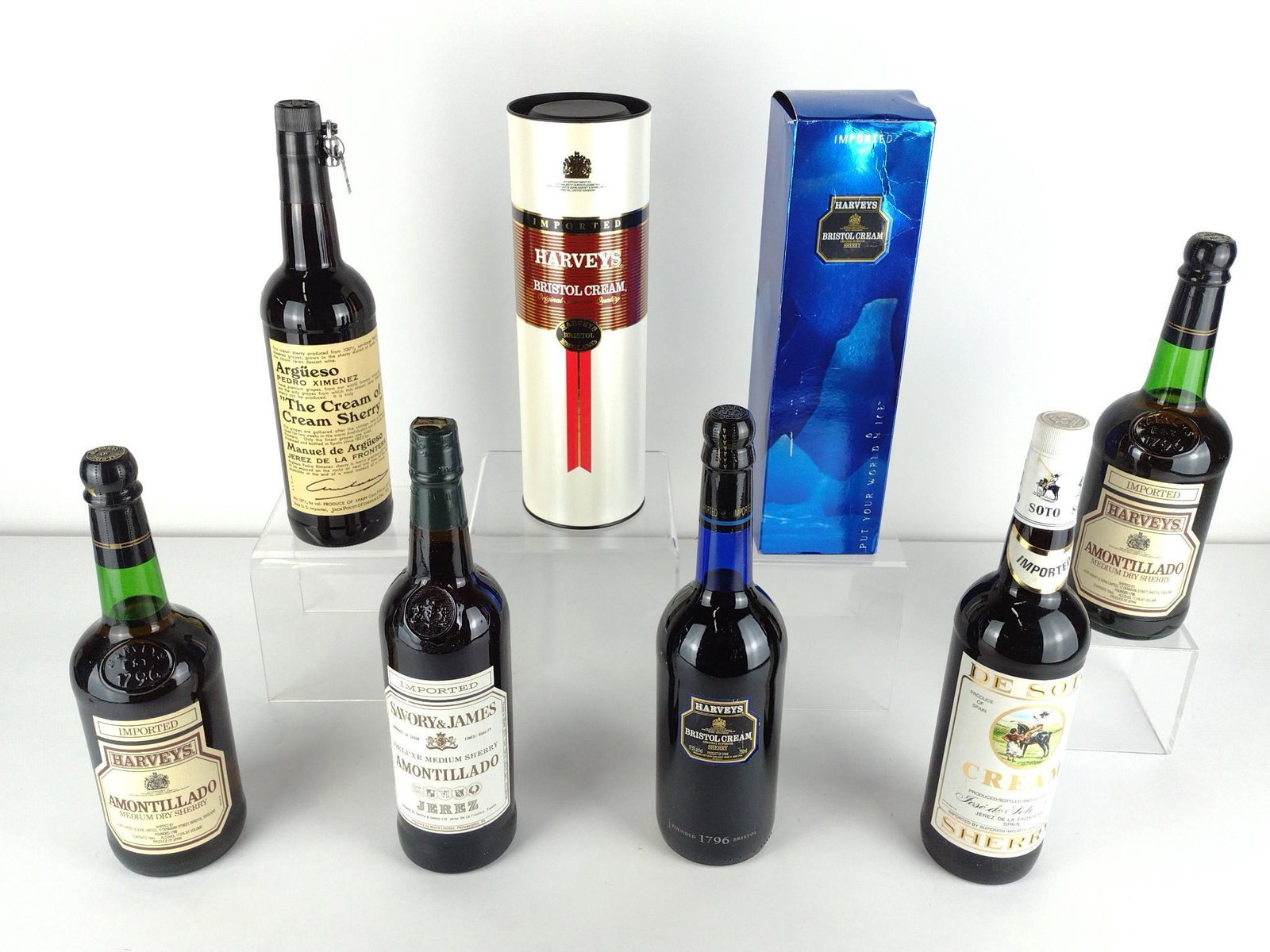 8 Bottles Estate Sherry Incl Harveys Bristol: Also includes Savory & James, De Soto, and Argueso Pedro Ximenez. 2 bottles of Harvey Medium Dry Sherry and 3 bottles Harvey Bristol Cream Sherry. 1 bottle of Bristol Cream in original box All sealed 