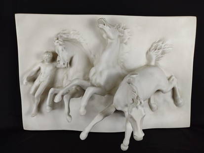 Plaster Reproduction Horses of Anahita: Original work by William Morris Hunt in 1872 and currently displayed at the Boston Athenaeum. Unsigned. 18-1/2" high x 17" deep x 28" wide. Small stains to upper right corner. KE. IMPORTANT: Before bi