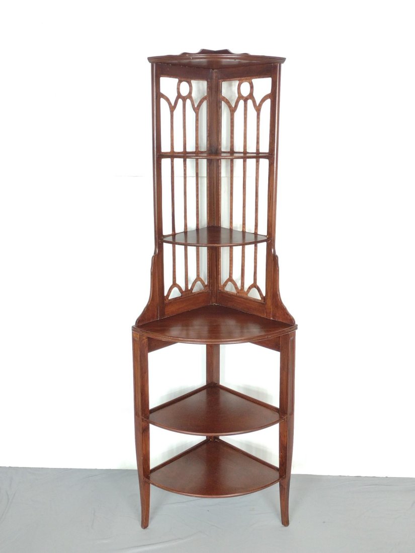 Corner Shelf: 22" wide X 15-1/2" deep X 65" high. Has a few scratches. MG. IMPORTANT: Before bidding, please read the terms and conditions. When you registered for the auction you agreed to these terms and will be 