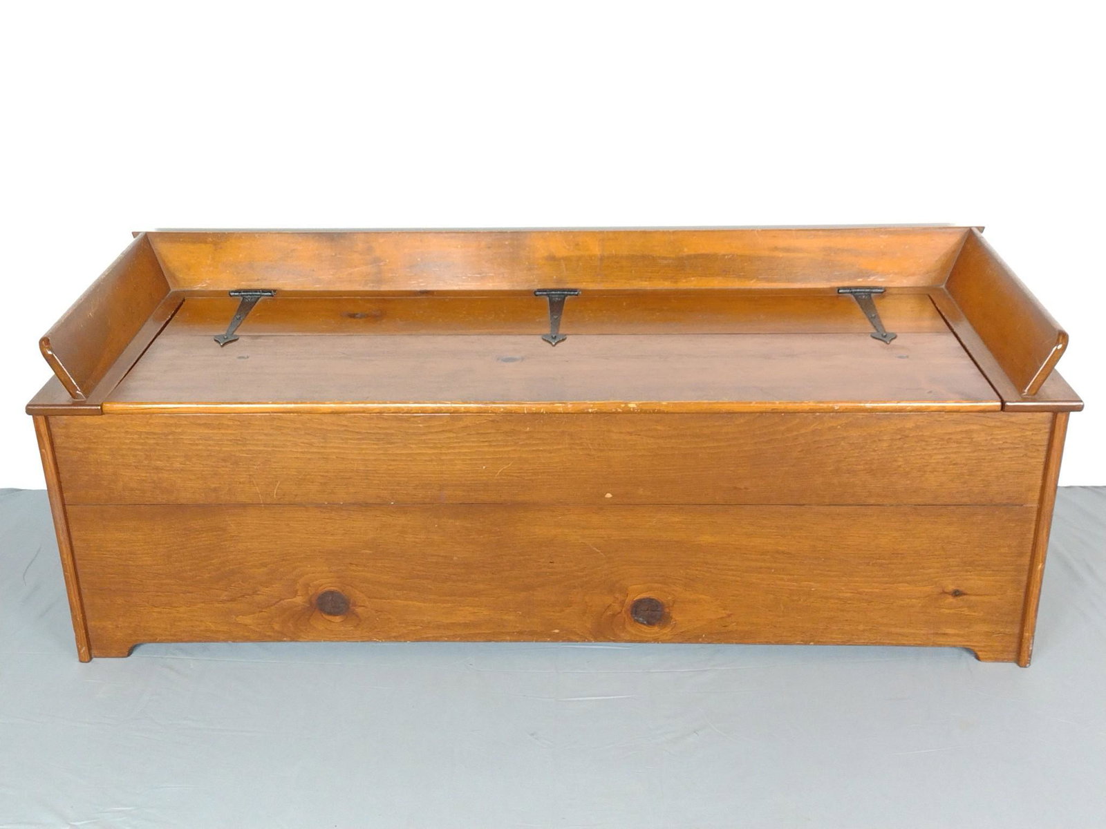 Storage Bench: 63" wide X 22 1/2" deep X 22" high. Has lots of scratches around top edge and front of lid. MG. IMPORTANT: Before bidding, please read the terms and conditions. When you registered for the auction you