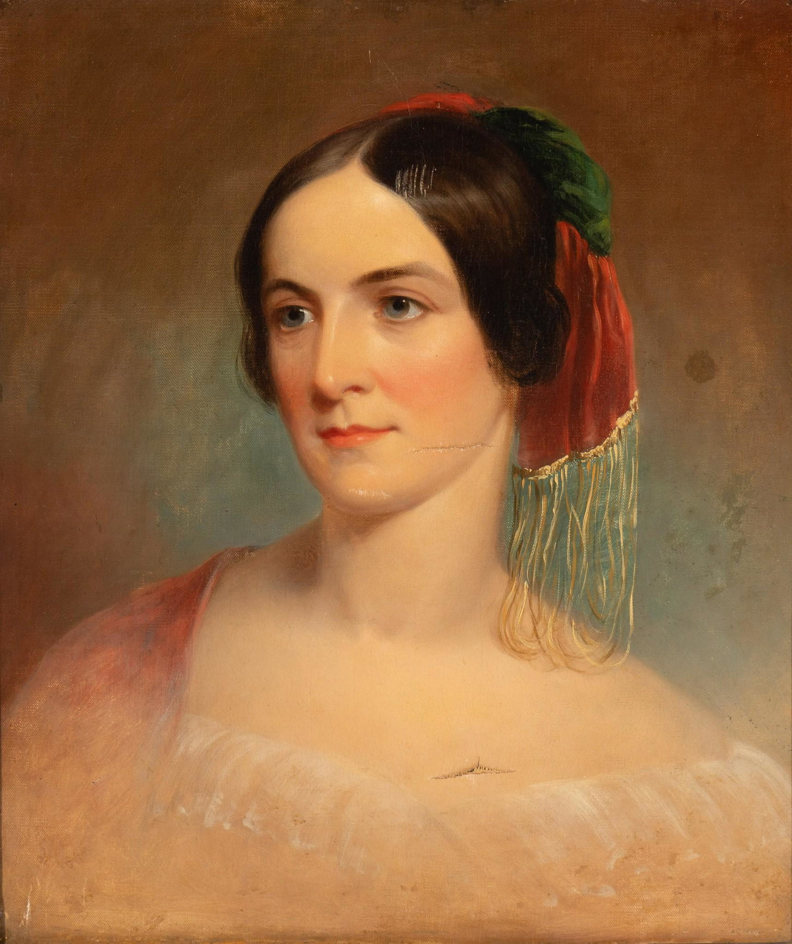 Attributed to Thomas Sully (American, 1783 - 1872): DESCRIPTION: Attributed to Thomas Sully (American, 1783 - 1872). Oil on canvas. Portrait of a young woman. Unsigned. In gilt frame. Thomas Sully scratched into back of frame. Reverse also marked Lot 1