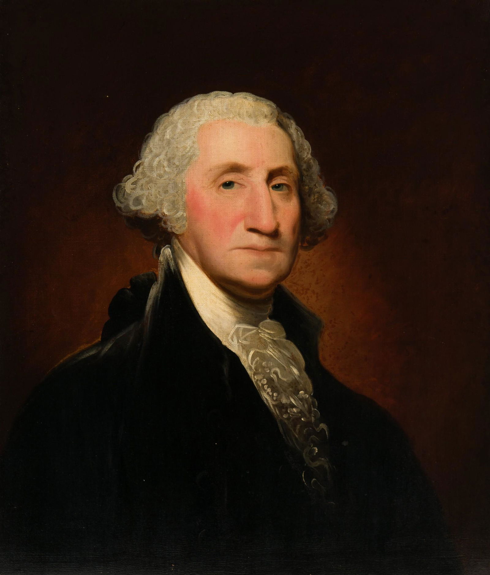 After Gilbert Stuart (American, 1755 - 1828): DESCRIPTION: After Gilbert Stuart (American, 1755 - 1828). Oil on canvas. Portrait of George Washington. Unsigned. Three labels to reverse. Hand written to smallest label T.L. 39.58. Hand written to t