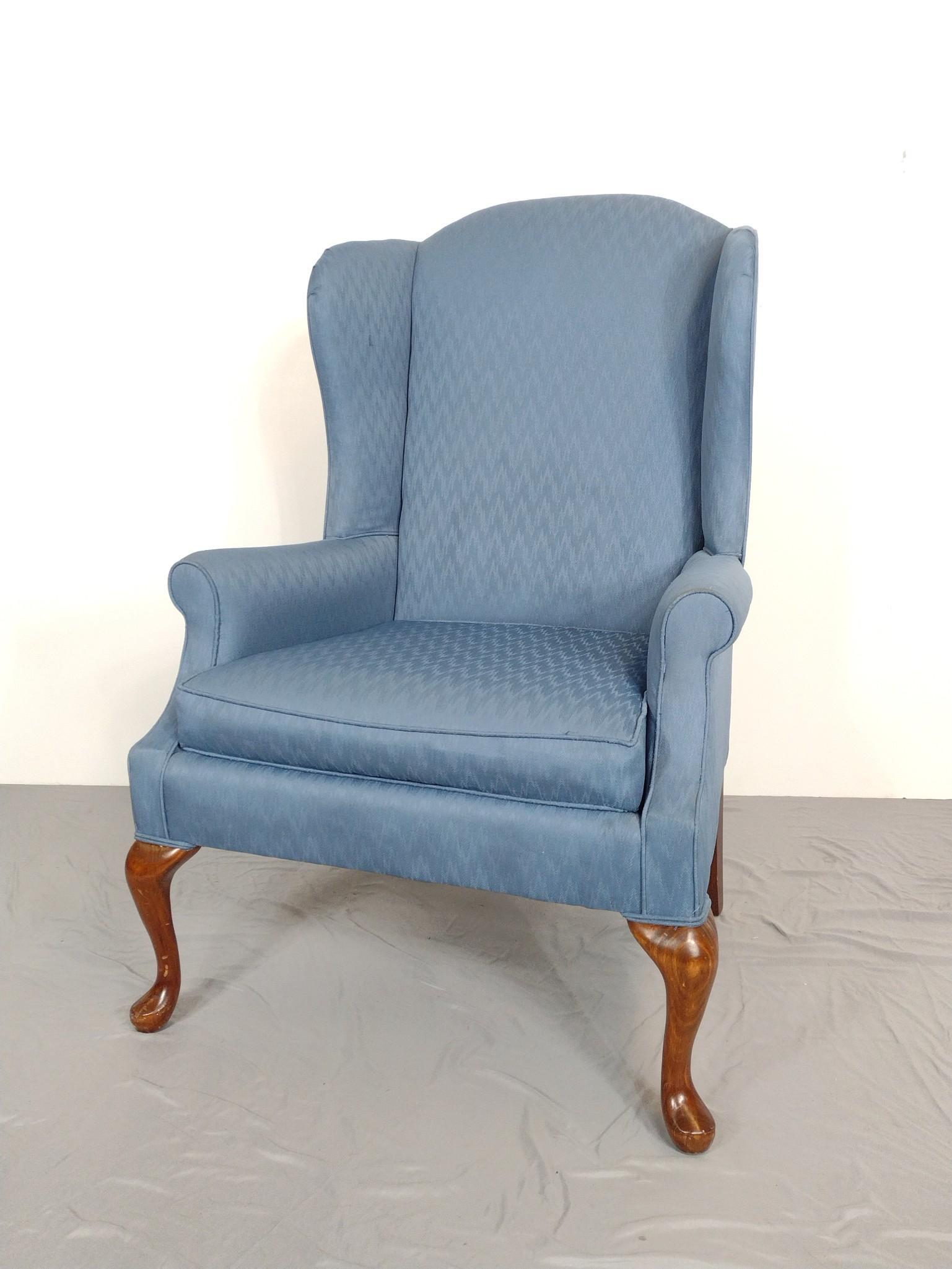 Wingback Chair: 30" wide X 25" deep X 44" high. Some scratches and discoloration. MG. IMPORTANT: Before bidding, please read the terms and conditions. When you registered for the auction you agreed to these terms and