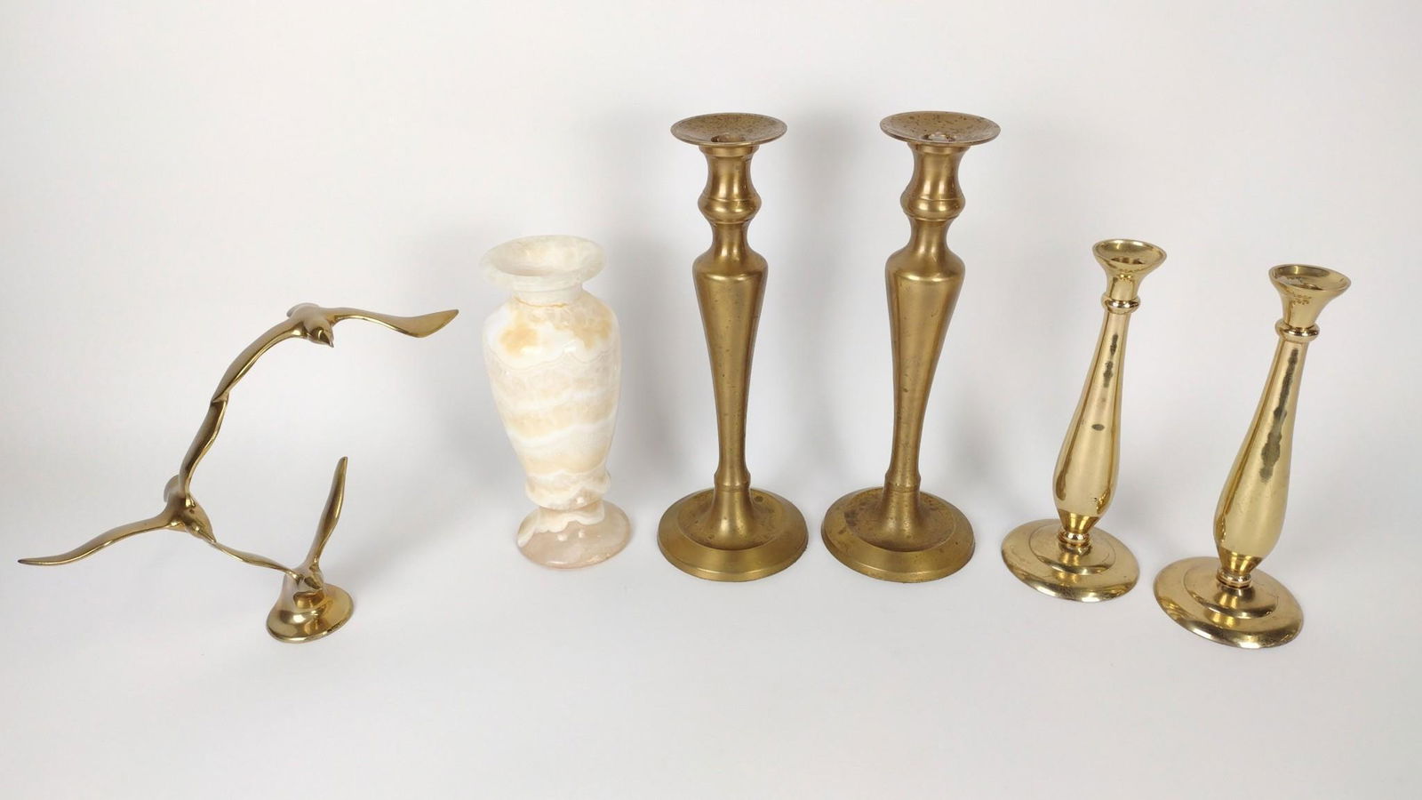4 Brass Candlesticks, Bird Sculpture and Marble Vase (1 of 4)
