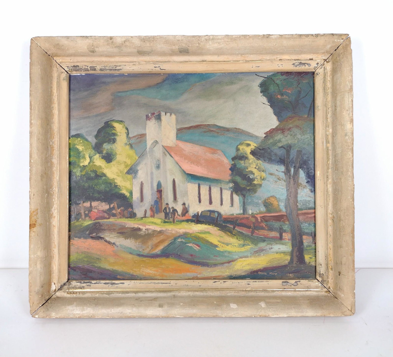 Orval Kipp Oil on Board Painting: Orval Kipp (1904 - 1995) was active/lived in Hyndman, Pennsylvania. Signed and dated 1948 to bottom right. Overall with frame 27" high x 30-3/4" wide. Frame separating at corners. RM IMPORTANT: Before