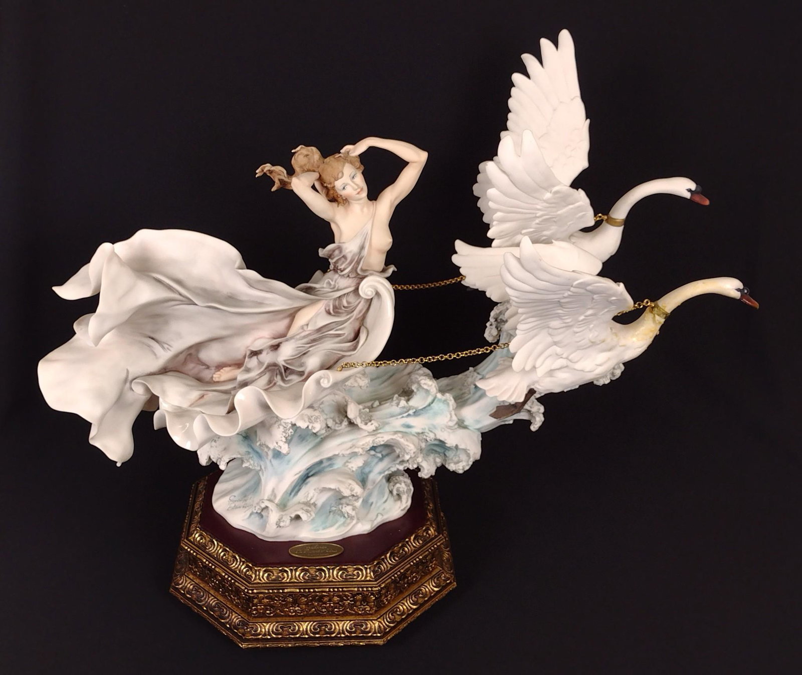 Giuseppe Armani 'The Triumph of Venus' Sculpture: 27" wide X 11" deep X 22" high. Repair to one swan's neck. DM IMPORTANT: Before bidding, please read the terms and conditions. When you registered for the auction you agreed to these terms and will be