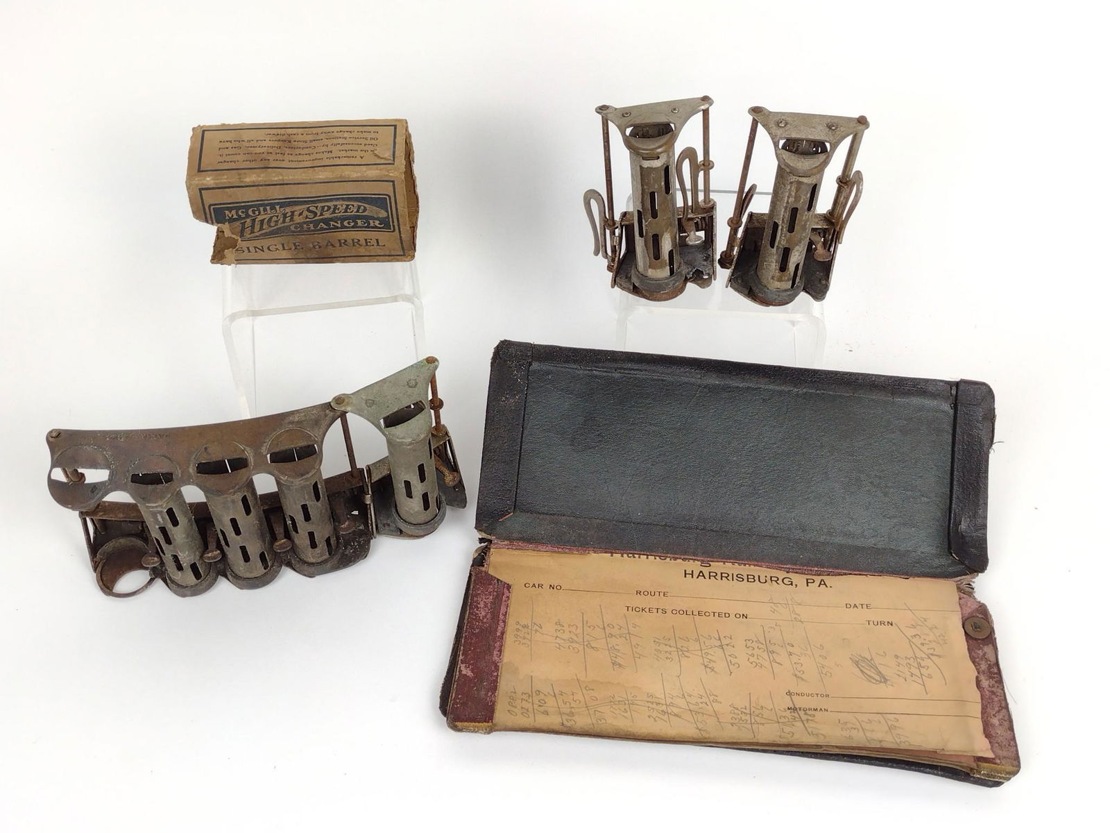 3 Coin / Token Changers and Harrisburg Trolley Log: Includes McGill high-speed changer with original box. Some rust and losses. DM IMPORTANT: Before bidding, please read the terms and conditions. When you registered for the auction you agreed to these