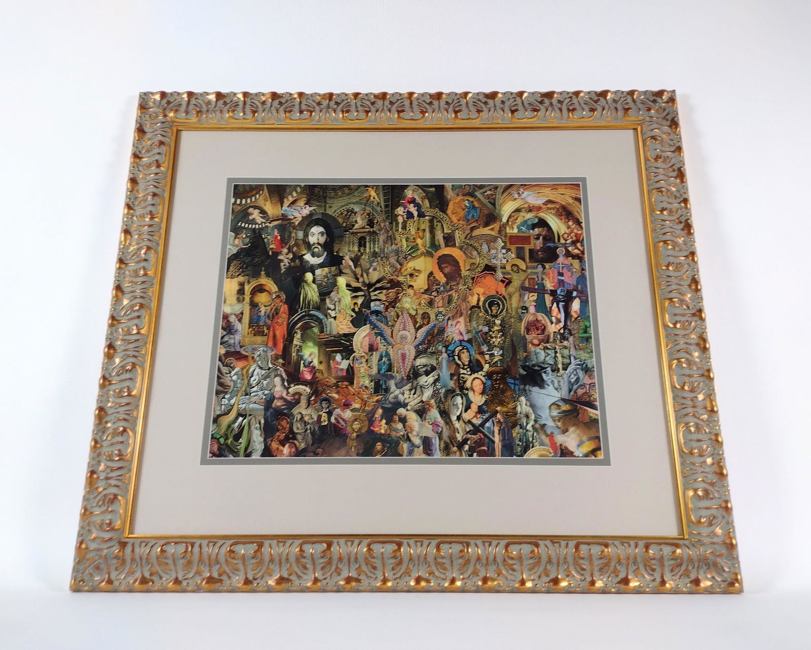 Stephen A. Homovich "My Salvation" Collage: Stephen Homovich (1974-2013) Pottsville, PA artist. This artist had showings in the Reading Museum (PA), Loyola University in Maryland, etc. Dated 1993. Overall with frame 38-1/2" high X 44" wide. DM
