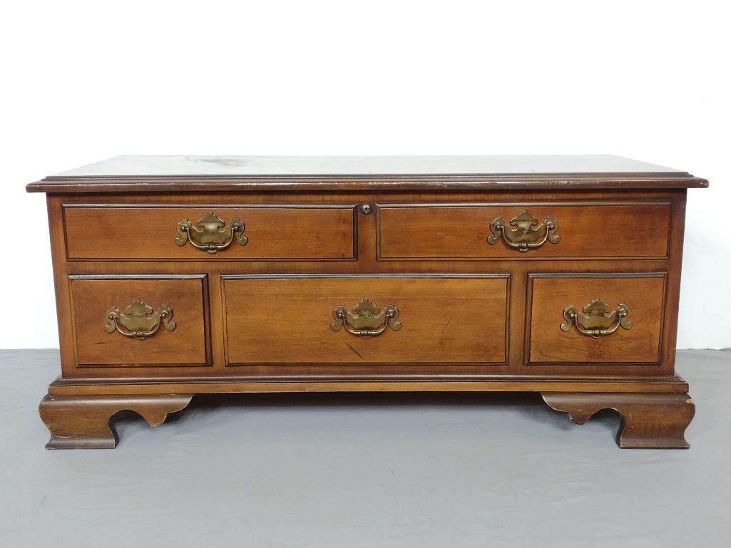 Lane Cedar Chest: 44" wide X 18" deep X 19" high. Has some light scratches on the top. MG. IMPORTANT: Before bidding, please read the terms and conditions. When you registered for the auction you agreed to these terms