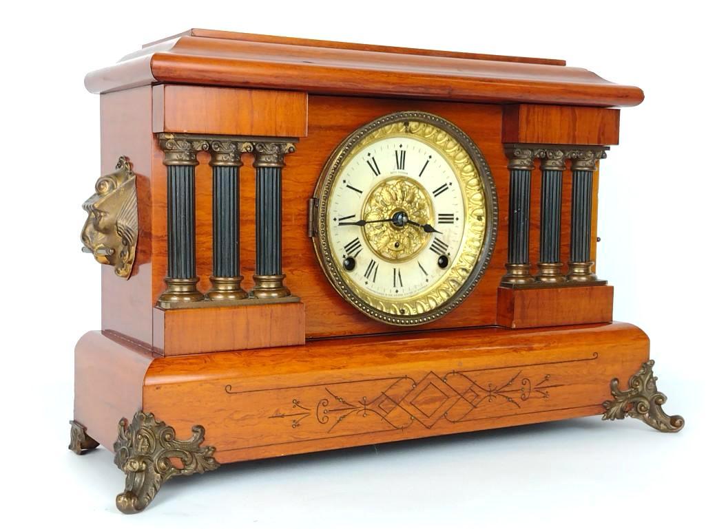 Seth Thomas Mantle Clock: Working. 11-1/2" high x 6-1/2" deep x 17-1/2" wide. Chip to wood at top. DP. IMPORTANT: Before bidding, please read the terms and conditions. When you registered for the auction you agreed to these te