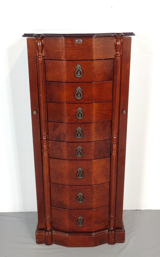 Jewelry Chest: 18" wide X 13-1/2" deep X 51-1/4" high. Mirror is missing. Does not have key. Has a few scratches at bottom. MG. IMPORTANT: Before bidding, please read the terms and conditions. When you registered fo