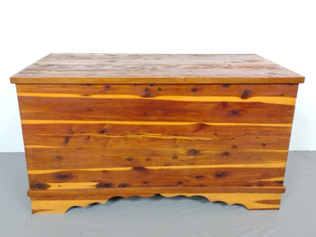 Cedar Chest: 47" wide X 24-1/2" deep X 26" high. Has a few scratches. MG. IMPORTANT: Before bidding, please read the terms and conditions. When you registered for the auction you agreed to these terms and will be 