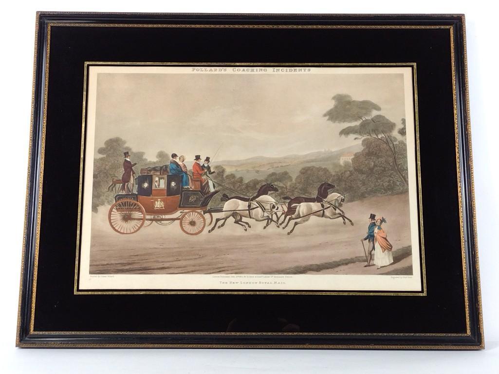 Pollard's Coaching Incidents Print: London. Published 1852 by B. Moss. Overall with frame 19" high x 24-3/4" wide. DP. IMPORTANT: Before bidding, please read the terms and conditions. When you registered for the auction you agreed to th