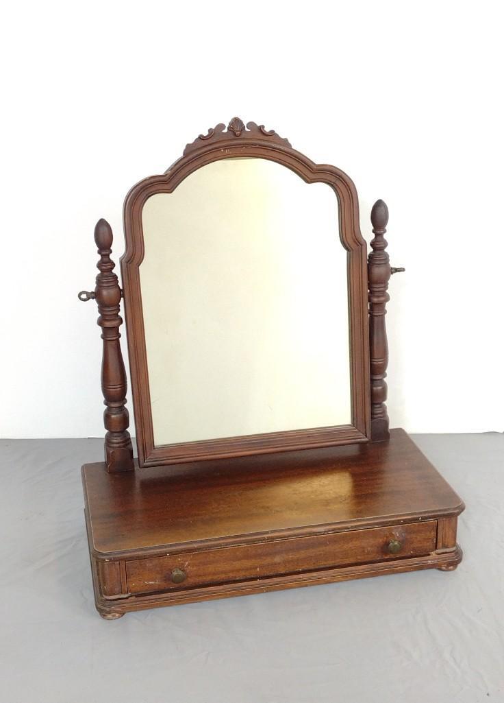 Shaving Mirror with Drawer: 19-3/4" wide X 10" deep X 23" high. MG. IMPORTANT: Before bidding, please read the terms and conditions. When you registered for the auction you agreed to these terms and will be required to comply wi