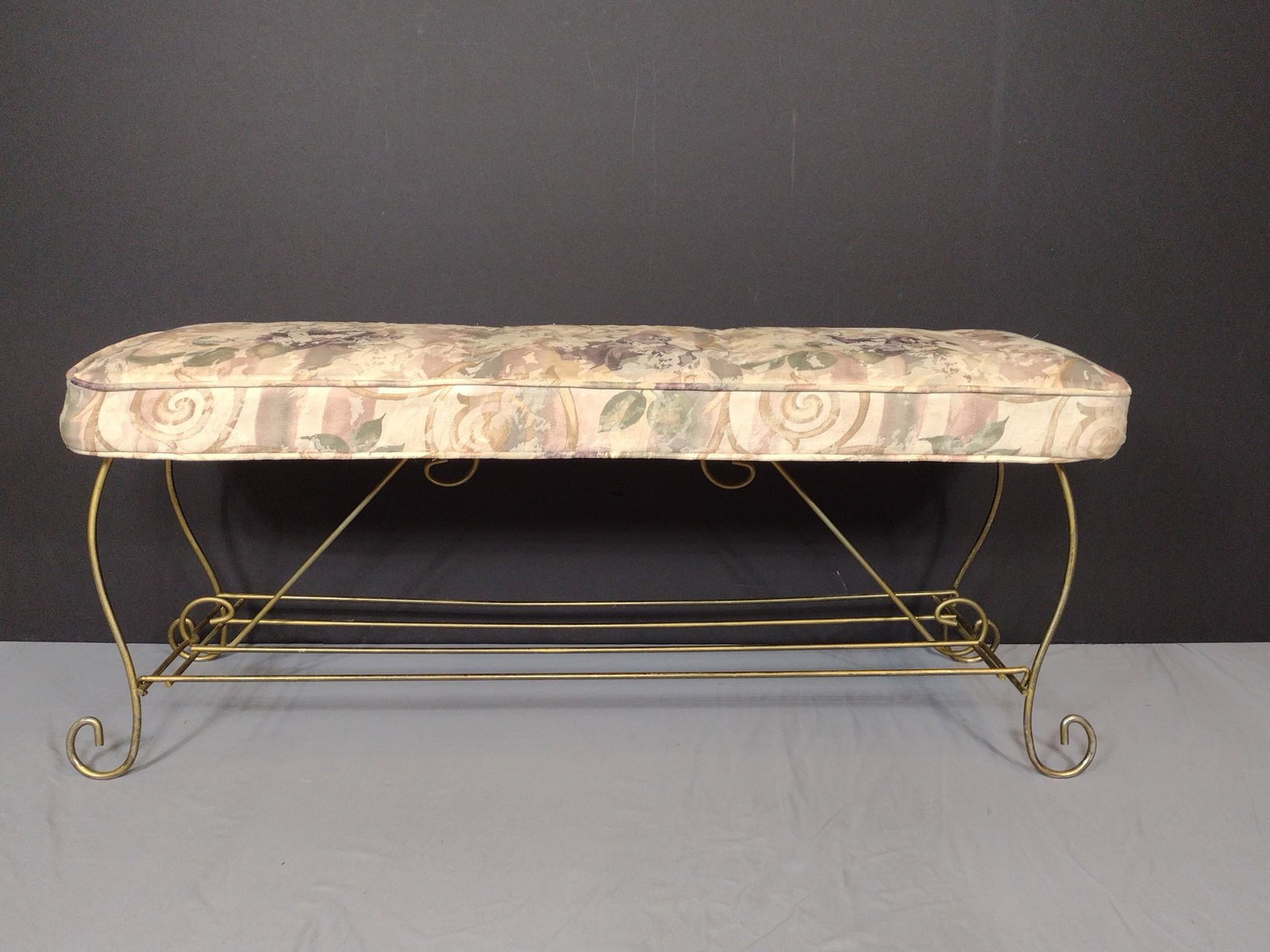 Upholstered Bench: 48" wide X 14-1/2" deep X 19-1/2" high. Some discoloration to upholstery. MG. IMPORTANT: Before bidding, please read the terms and conditions. When you registered for the auction you agreed to th