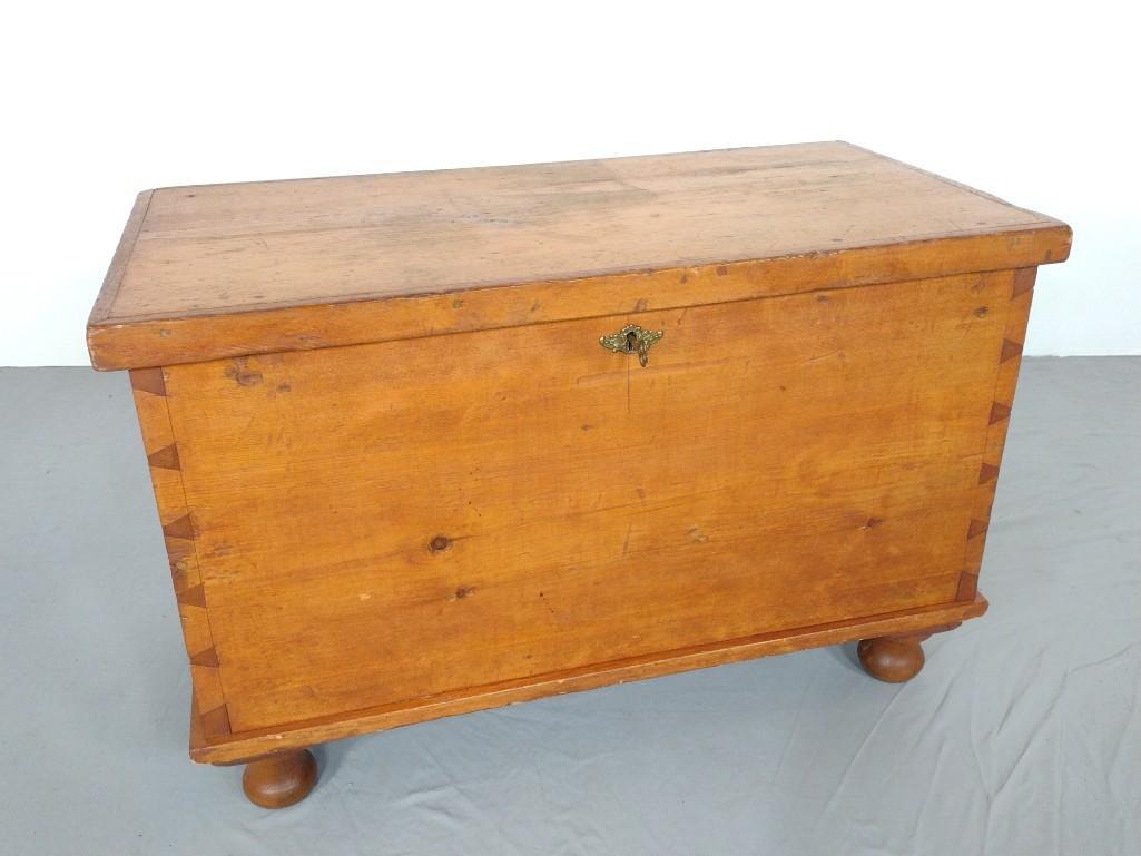 Dovetail Blanket Chest: 31-1/2" wide X 16-1/2" deep X 20-1/2" high. Has some light scratches. MG. IMPORTANT: Before bidding, please read the terms and conditions. When you registered for the auction you agreed to these terms