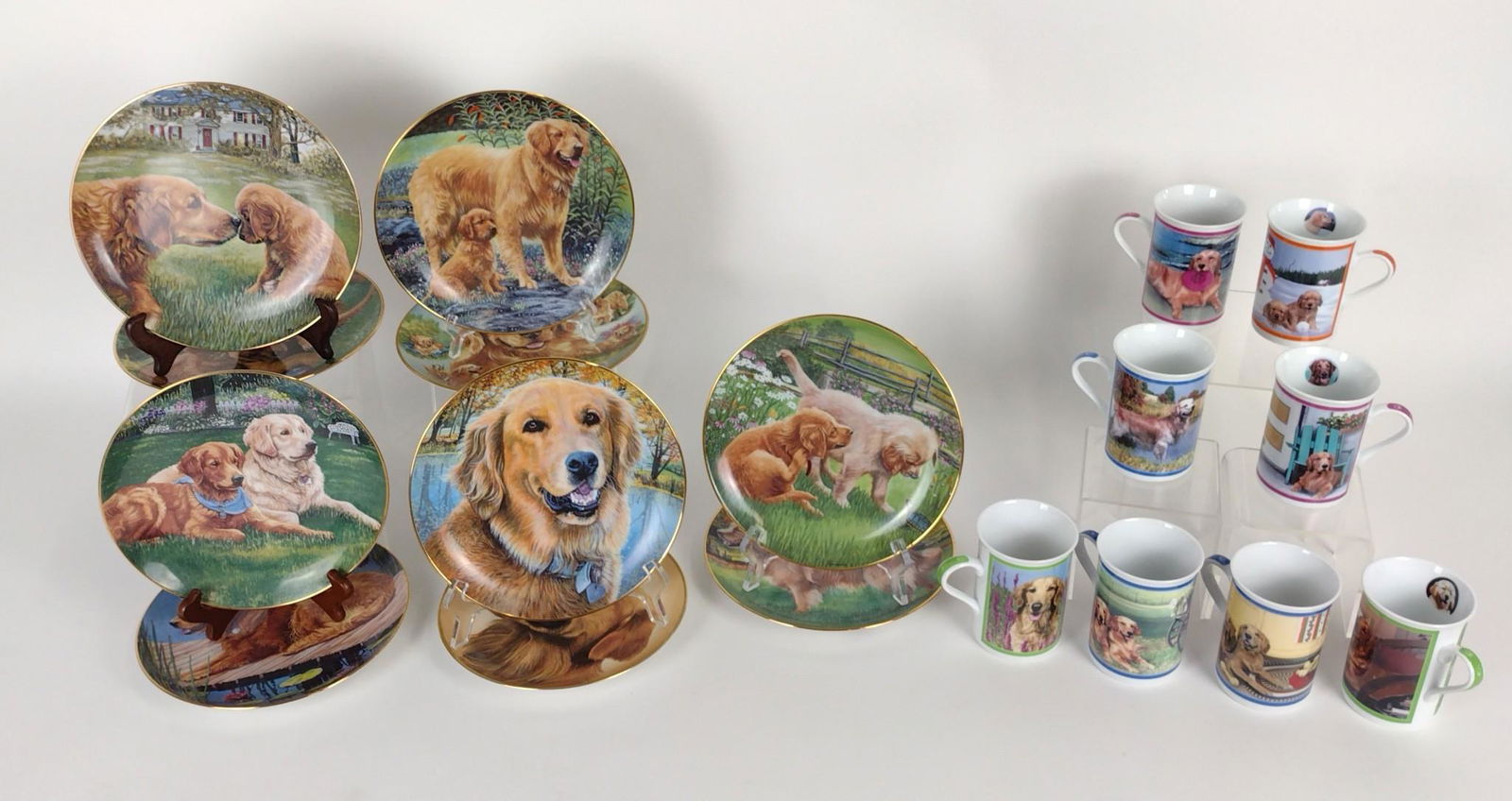 18 Danbury Mint Golden Retriever Plates and Mugs: Also includes Kaiser. Plates: 8" diameter. Mugs: 4" high. Includes plate hangers. One mug with chip to rim. DM IMPORTANT: Before bidding, please read the terms and conditions. When you registered for