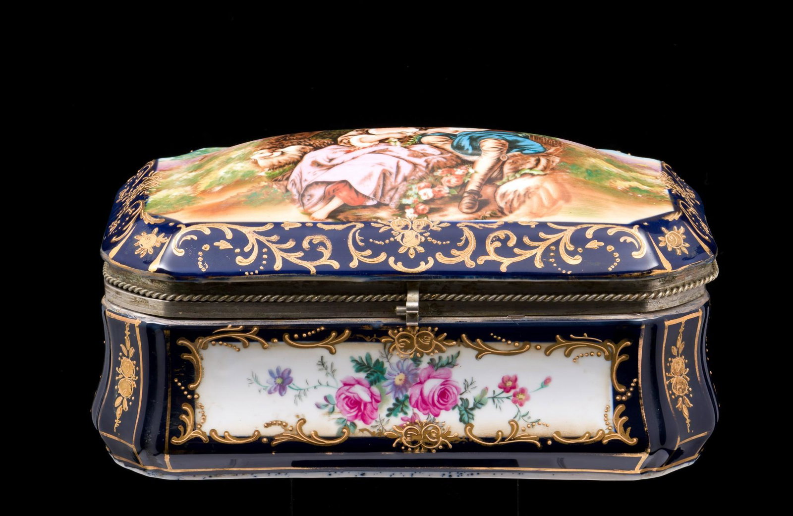 RS Prussia Style Porcelain Dresser Box: 6" high x 7" deep x 11-1/2" wide. MH. IMPORTANT: Before bidding, please read the terms and conditions. When you registered for the auction you agreed to these terms and will be required to comply with