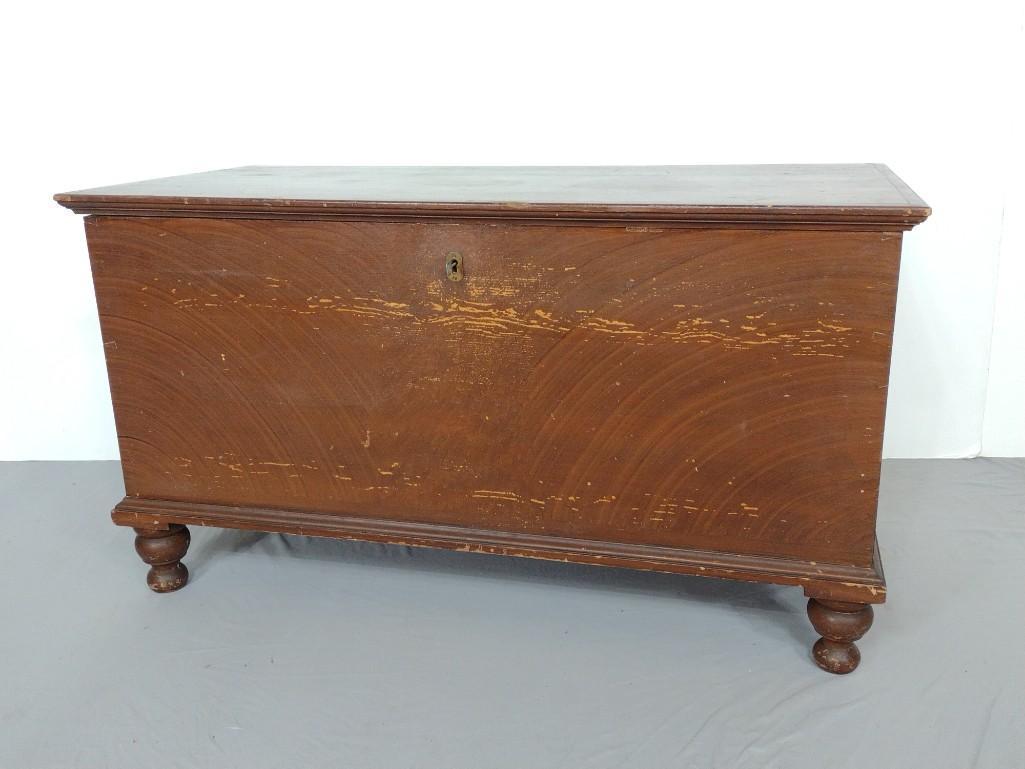 Painted Blanket Chest: 46" wide X 21-1/2" deep X 25-1/2" high. Has some scratches and paint loss. MG. IMPORTANT: Before bidding, please read the terms and conditions. When you registered for the auction you agreed to these 