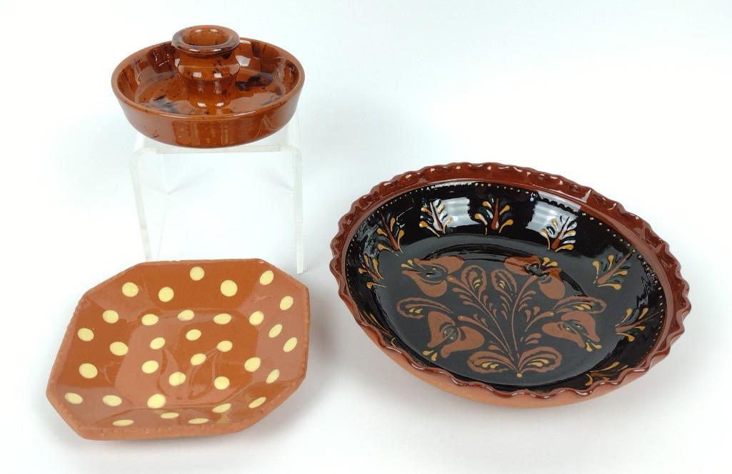 3 Pcs Redware incl Breininger Pottery Candlestick (1 of 4)