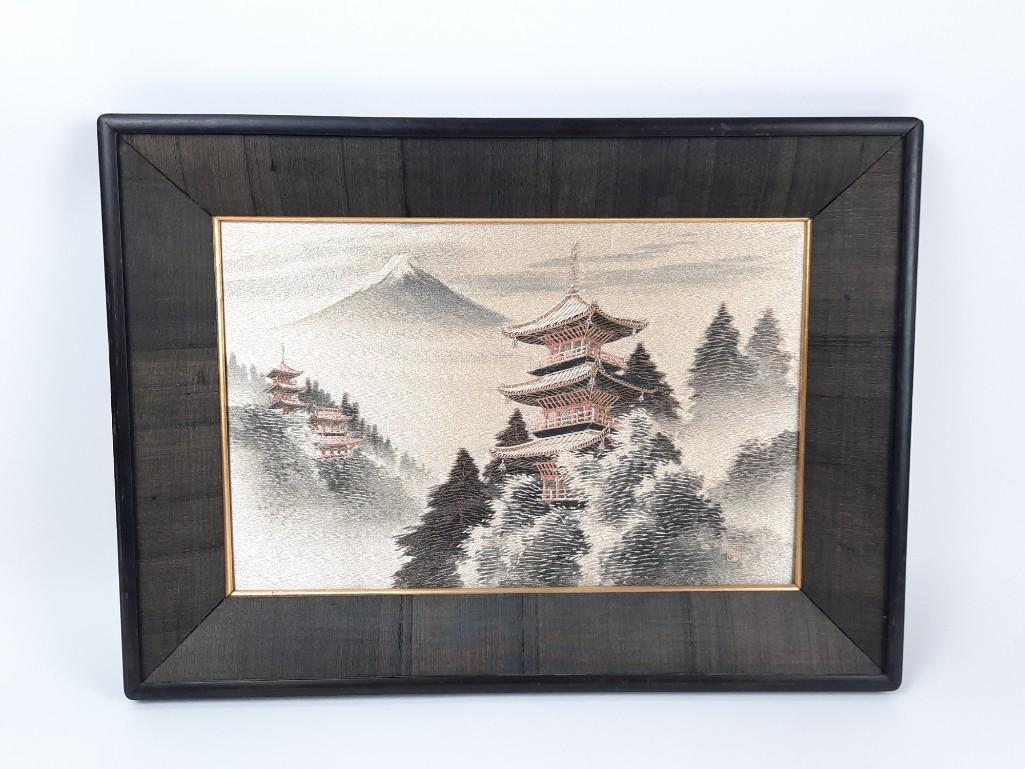 Mt. Figi and Pagoda Embroidery: Overall with frame 16" high x 22" wide. LR IMPORTANT: Before bidding, please read the terms and conditions. When you registered for the auction you agreed to these terms and will be required to comply